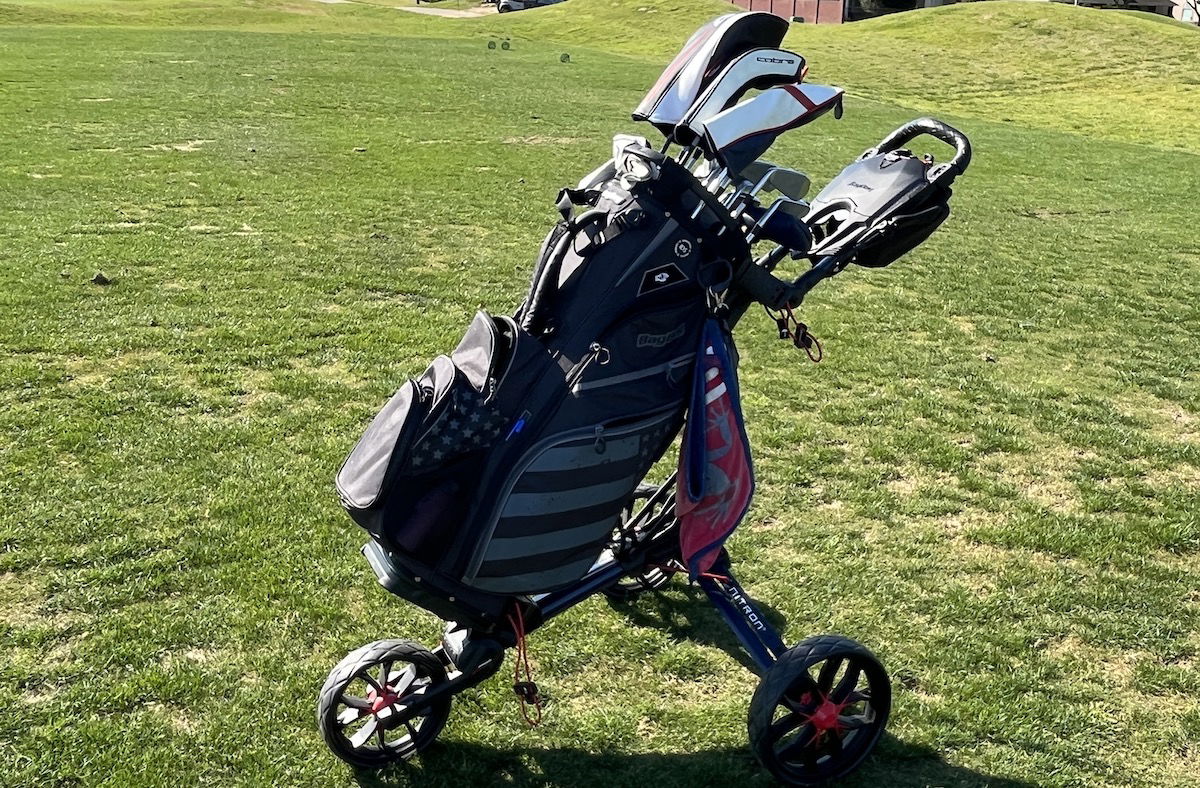 Bag Boy Nitron Auto Open Push cart with bag at the range